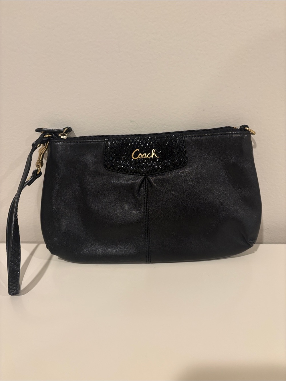 Coach Black Leather Wristlet with Gold Logo